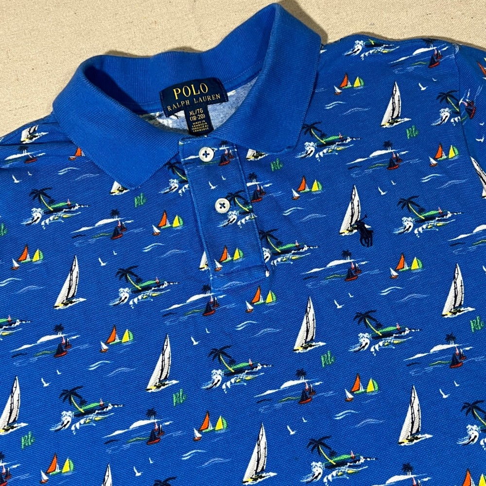 Polo Ralph Lauren Boys Cotton Mesh Polo Shirt Sailboat Palm Tree Shirt XL(18-20)